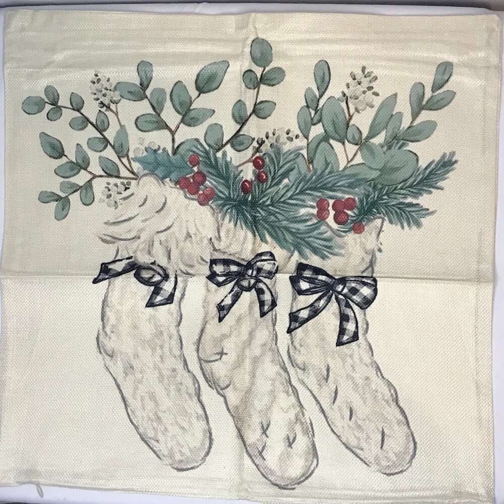 NWOT Pillow Cover Christmas Stockings and Holly. Fits 16" x 16" pillow form